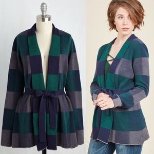 Modcloth Blue Green Plaid Simply Snuggly Cardigan